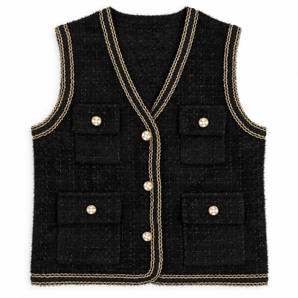 Black Tweed Knit Vest Gold Braided Trim Metallic V-Neck Old Money Pockets M